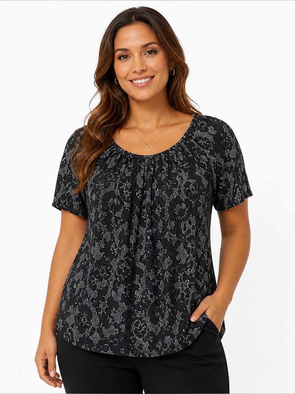 C.D. Daniels Black Floral Stretch Blouse Short Sleeve Women’s 1X